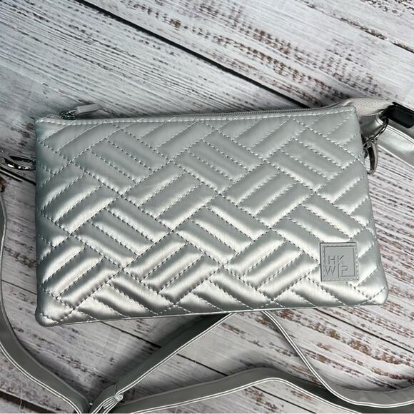 IHKWIP Triple Quilted Crossbody with Wristlet Strap Metallic Silver Purse Bag - Picture 3 of 16